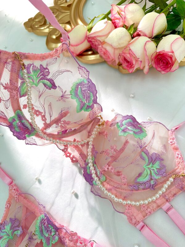 Pink Floral Embroidery Pearl Chain Lingerie Set - Image 17