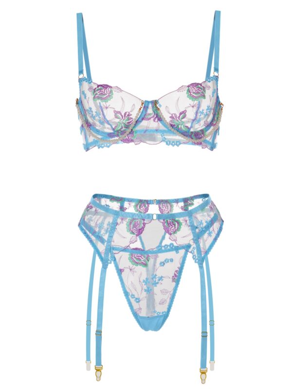 Blue Floral Embroidery Pearl Chain Lingerie Set - Image 9