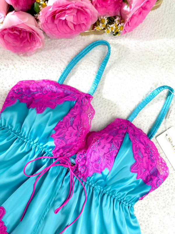 Pink Lace & Blue Silk Contrast Lingerie Set - Image 7