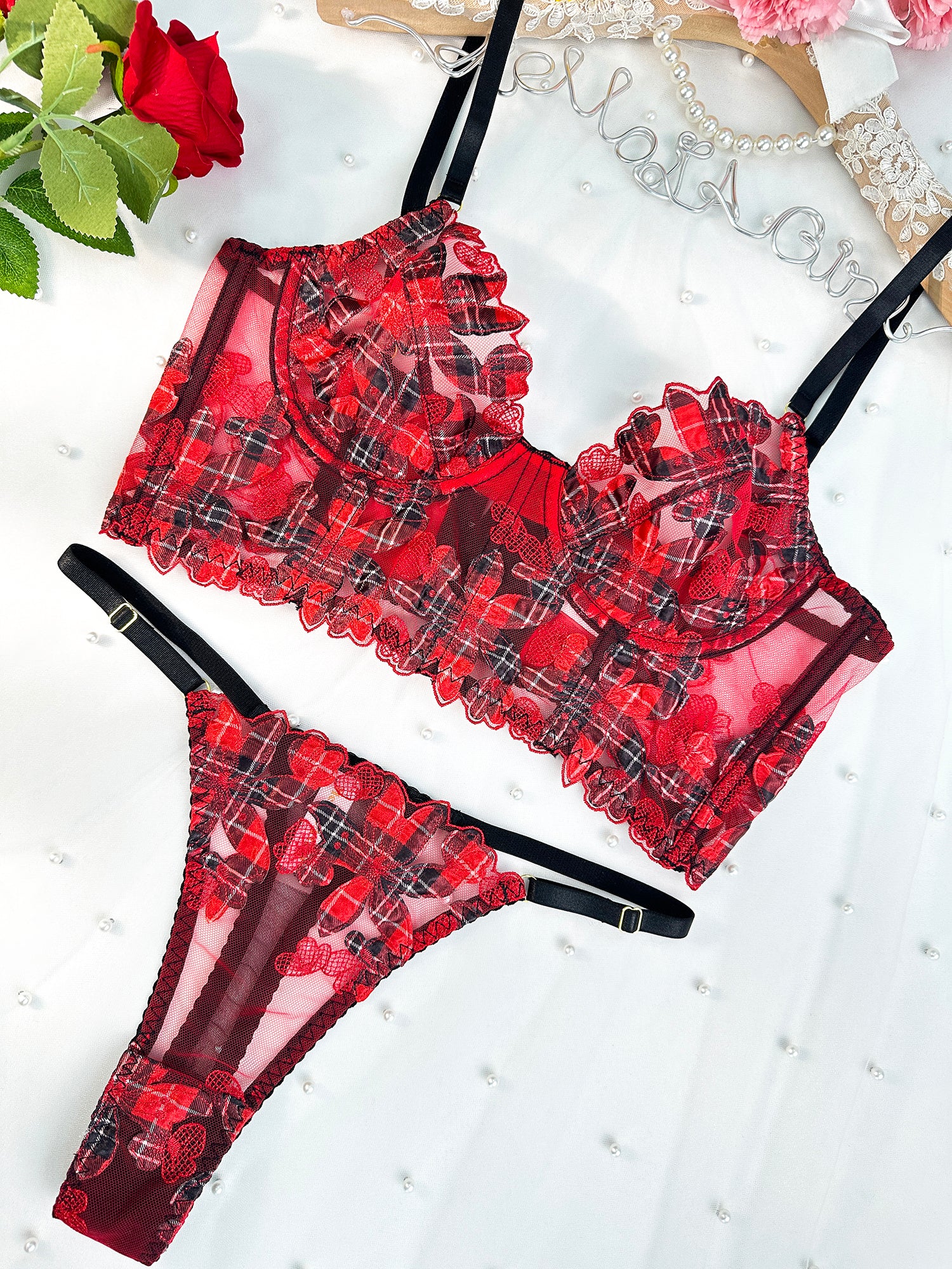 Red Tartan Flower Lingerie Set - Image 7