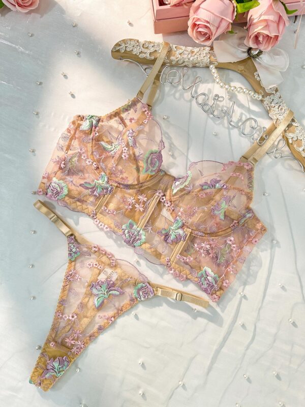 Champagne Floral Sexy Sheer Embroidered Lingerie Set - Image 8