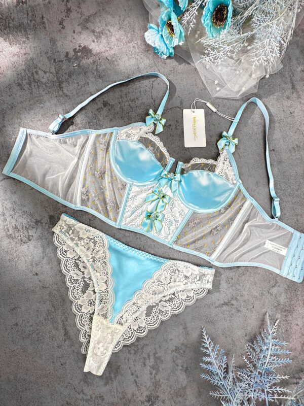 Baby Blue Satin Rosette Bow Lingerie Set - Image 12