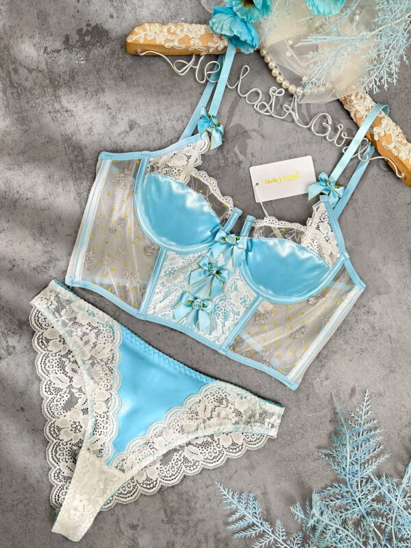 Baby Blue Satin Rosette Bow Lingerie Set - Image 11