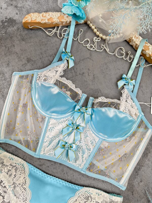 Baby Blue Satin Rosette Bow Lingerie Set - Image 13