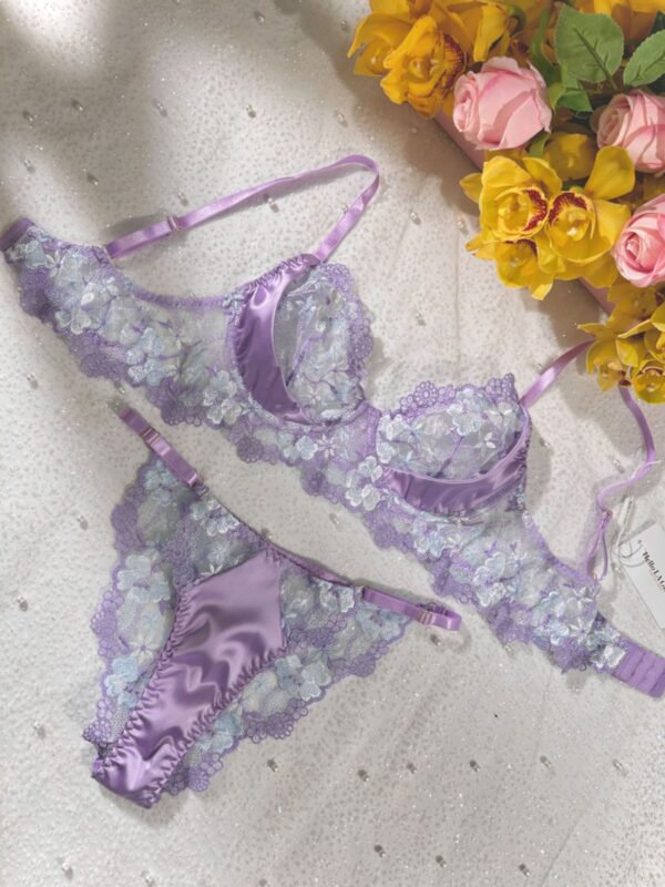 Lavender Floral Embroidered Satin Push-up Lingerie Set - Image 10
