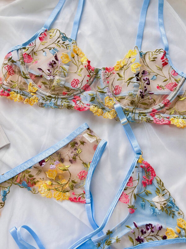 Light Blue Floral Embroidery Lace Cup Lingerie Set - Image 2