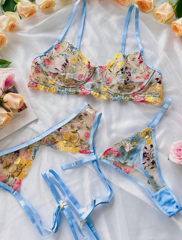 Light Blue Floral Embroidery Lace Cup Lingerie Set - Image 3
