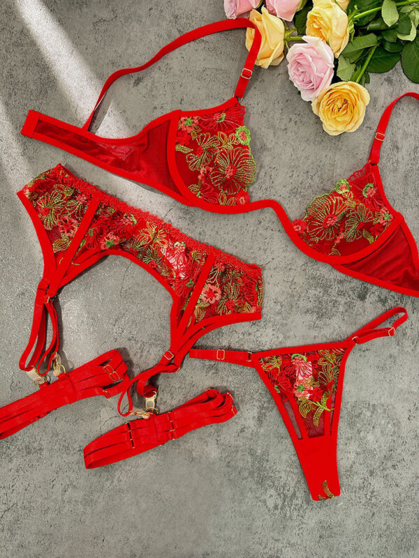 Red Flowers Mesh Sheer Lingerie Set - Image 10