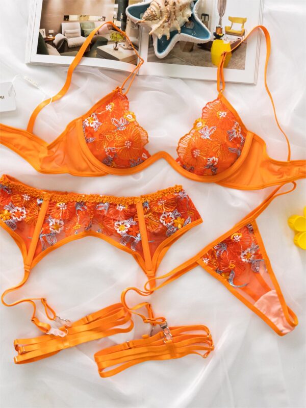 Orange Flowers Embroidered Mesh Sheer Lingerie Set - Image 5
