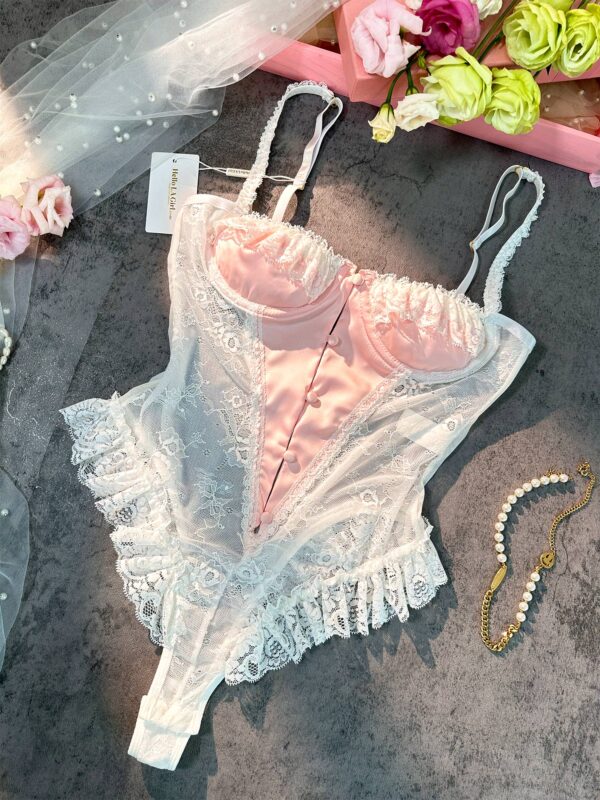 Pink&White Sexy Lace Bodysuit - Image 9
