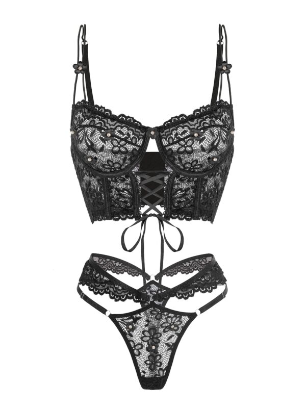 Black Pearls Small Flower Lace Lingerie Set - Image 10