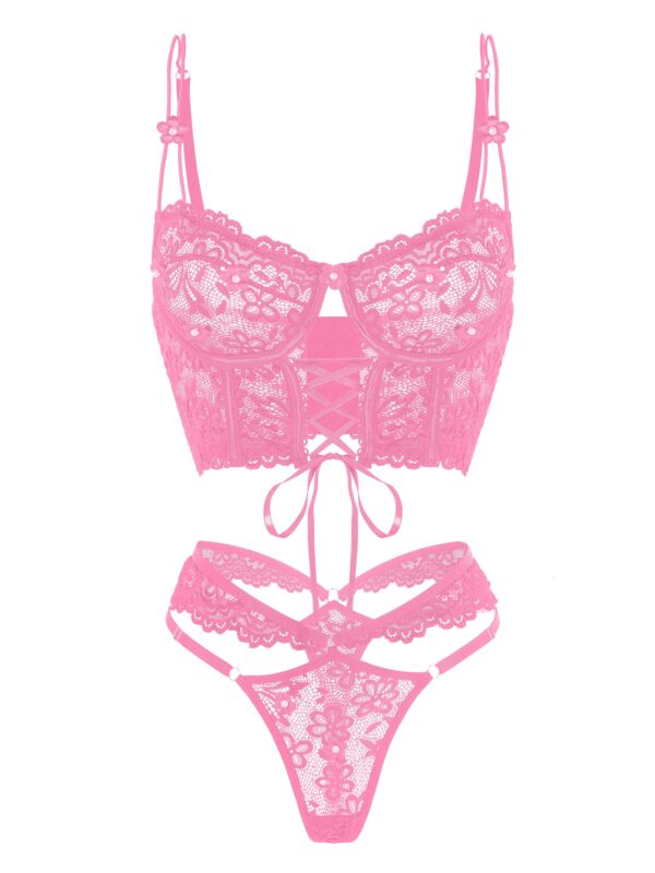 Pink Pearls Small Flower Lace Lingerie Set - Image 9