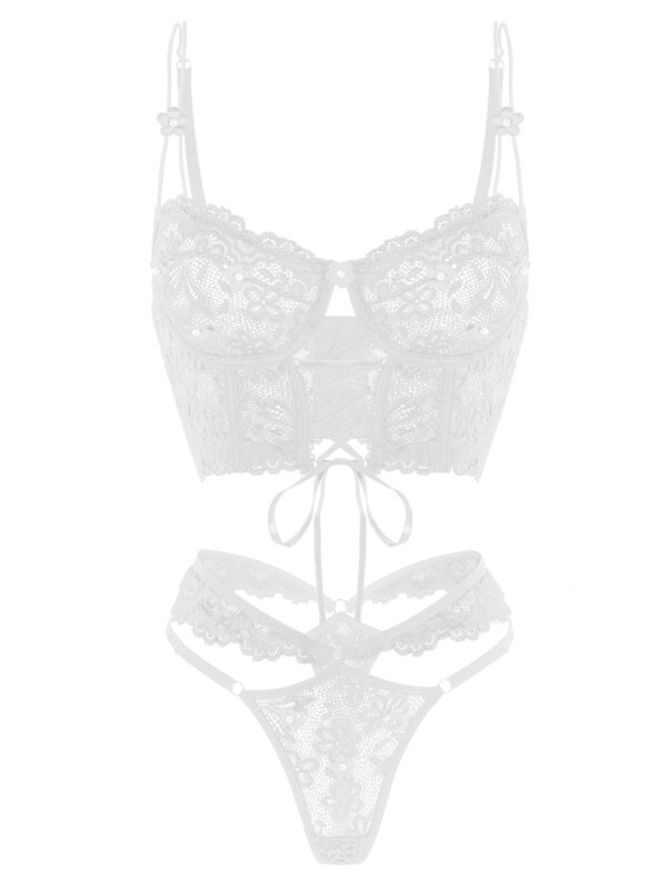 White Pearls Small Flower Lace Lingerie Set - Image 9