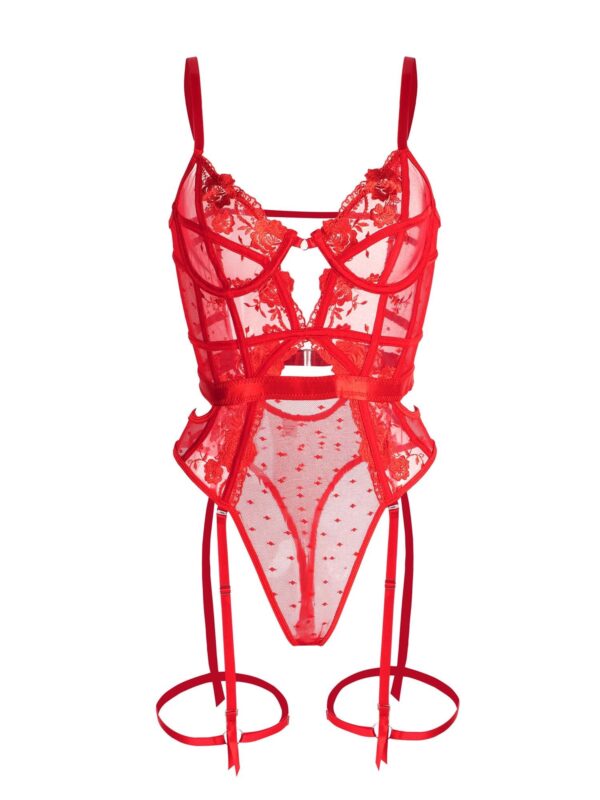Red Solid Elegant Embroidered Lace Bodysuit - Image 6