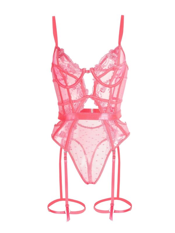 Pink Solid Elegant Embroidered Lace Bodysuit - Image 11