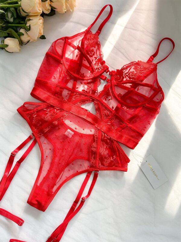 Red Solid Elegant Embroidered Lace Bodysuit - Image 7