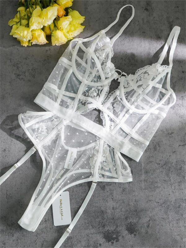 White Solid Elegant Embroidered Lace Bodysuit - Image 9