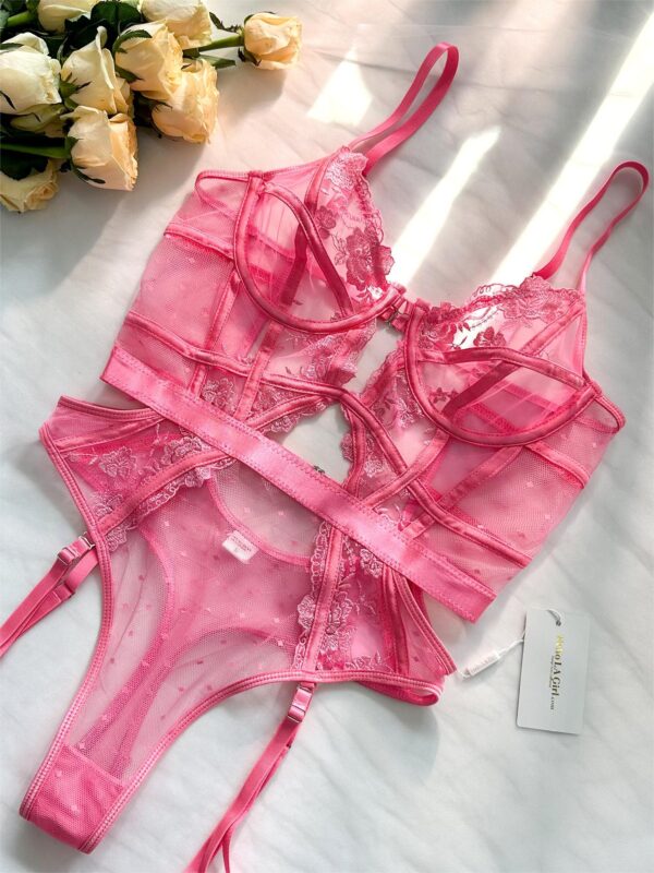 Pink Solid Elegant Embroidered Lace Bodysuit - Image 12