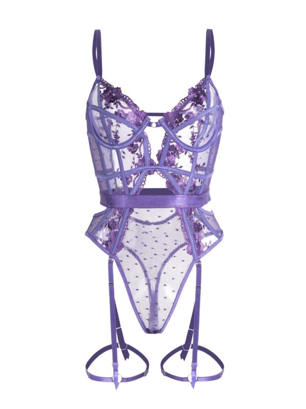 Purple Solid Elegant Embroidered Lace Bodysuit - Image 7