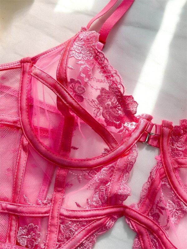 Pink Solid Elegant Embroidered Lace Bodysuit - Image 13