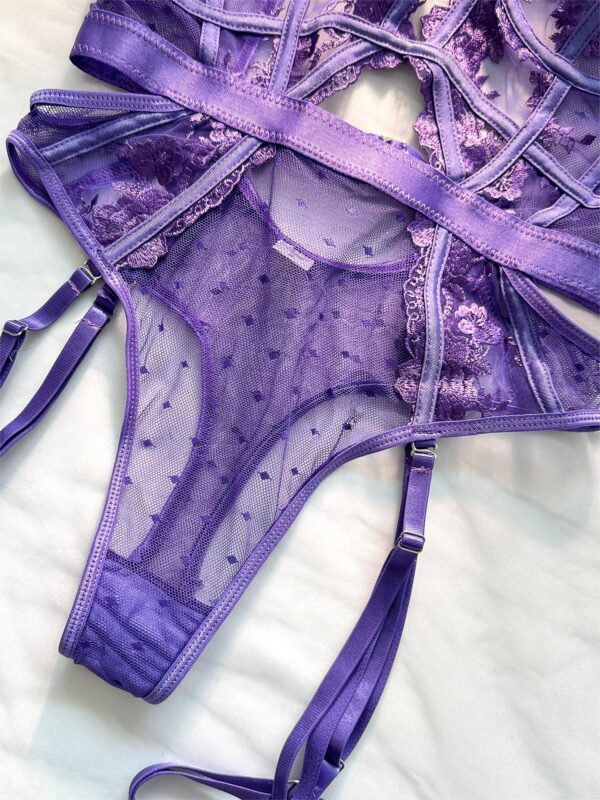 Purple Solid Elegant Embroidered Lace Bodysuit - Image 12