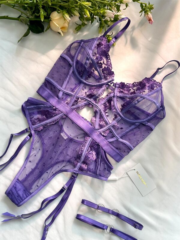 Purple Solid Elegant Embroidered Lace Bodysuit - Image 10