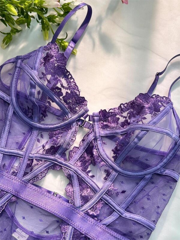 Purple Solid Elegant Embroidered Lace Bodysuit - Image 11