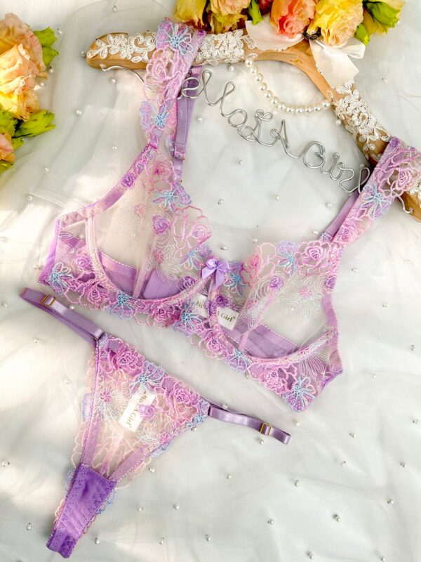 Purple Butterfly Bow Embroidered Flower Lingerie Set - Image 8