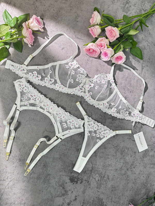 White Cherry Blossoms Sheer Lace Lingerie Set - Image 6