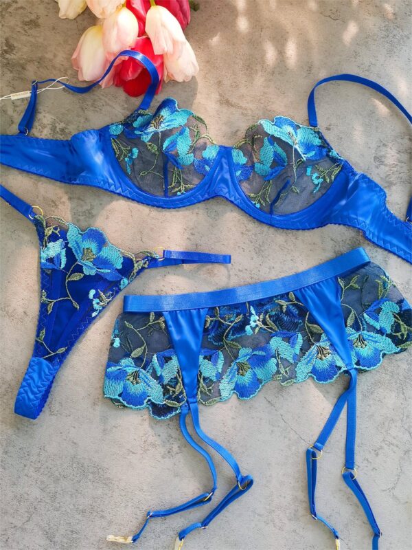 Sexy Blue Satin Floral Embroidered 3pc Lingerie Set - Image 5