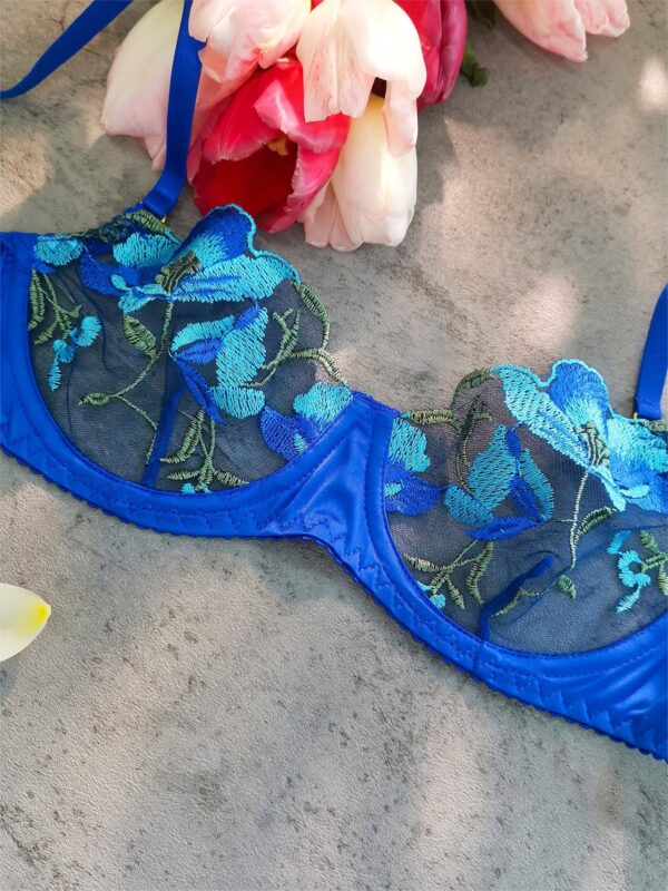 Sexy Blue Satin Floral Embroidered 3pc Lingerie Set - Image 7
