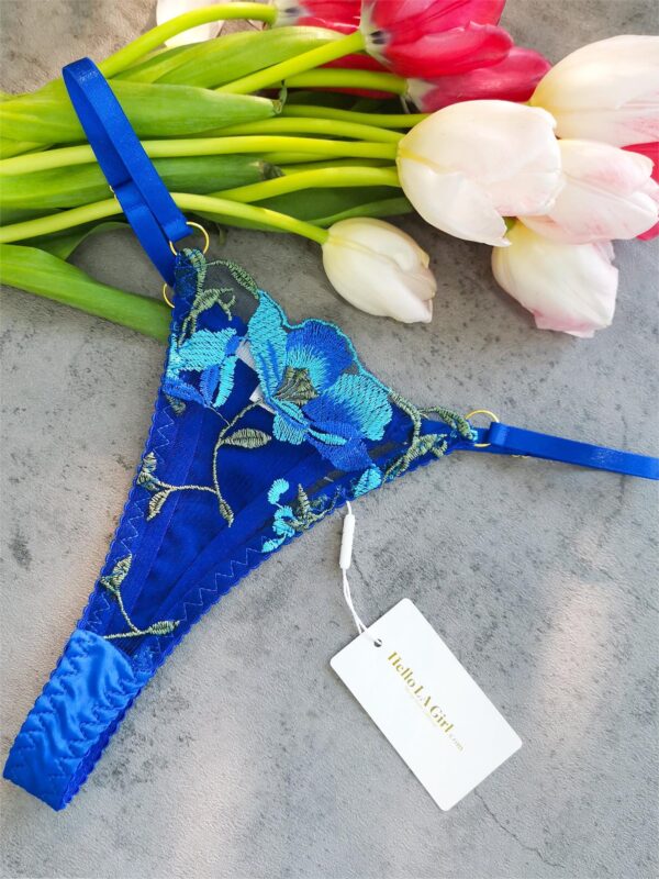 Sexy Blue Satin Floral Embroidered 3pc Lingerie Set - Image 8