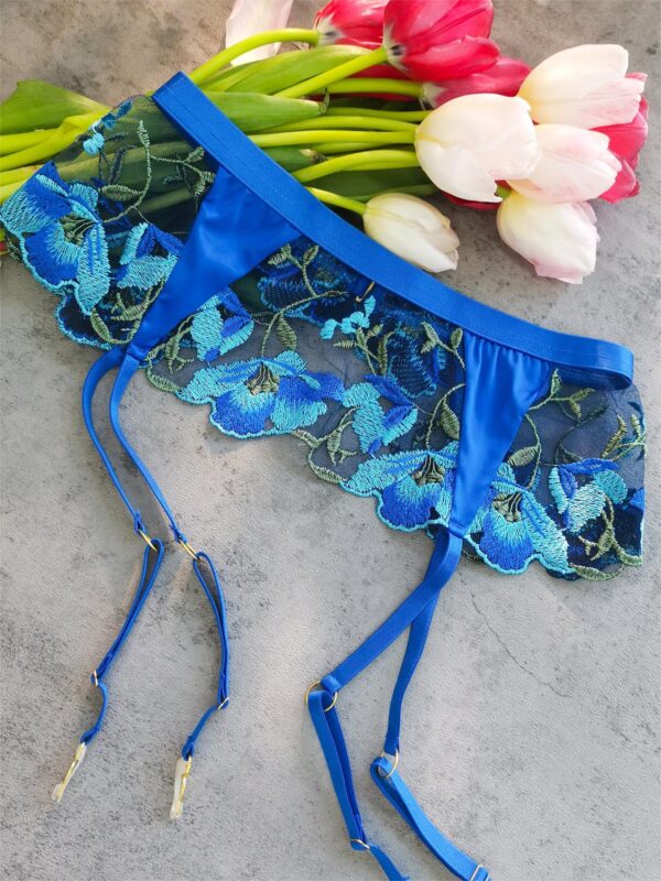 Sexy Blue Satin Floral Embroidered 3pc Lingerie Set - Image 9