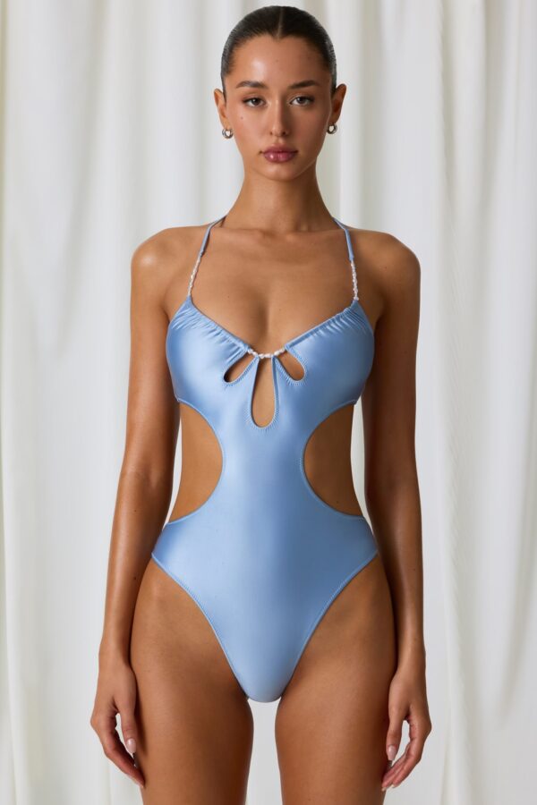 Pearl-Detail Cut-Out Halterneck Swimsuit in Sky Blue - Image 6