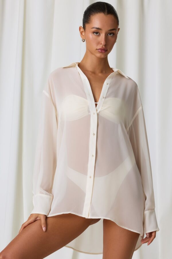 Pearl-Detail Oversized Shirt in Pearl White - Image 6