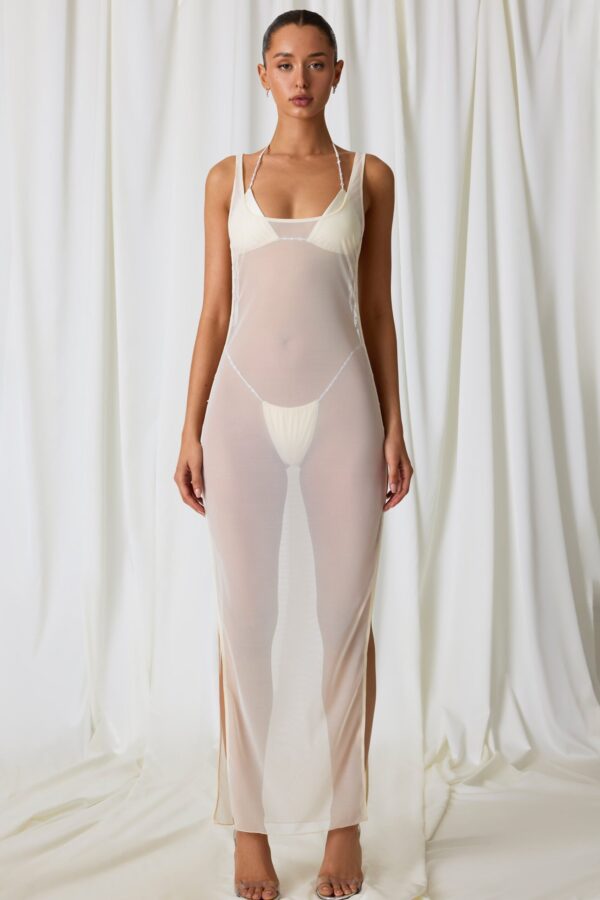 Pearl-Detail Cut-Out Maxi Dress in Pearl White - Image 7
