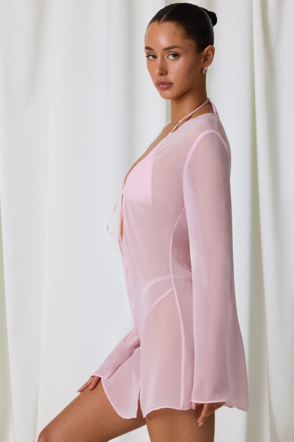Pearl-Detail Cowl-Neck Micro Mini Dress in Soft Pink - Image 3