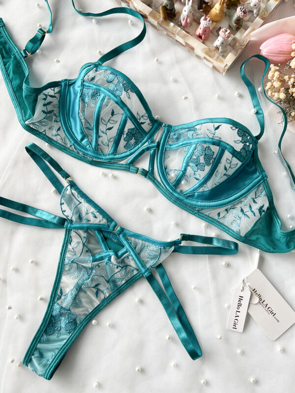Turquoise Floral Embroidery Lingerie Set - Image 4