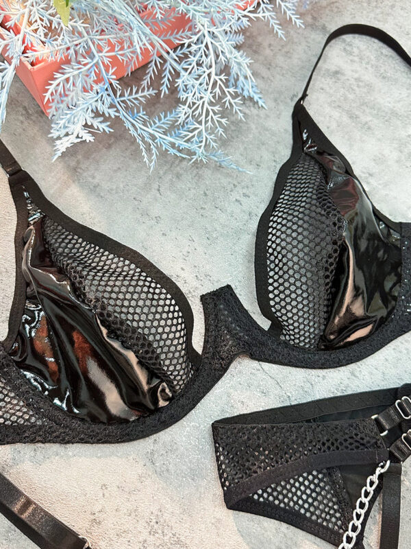 Black Lingerie Leather Mesh Hollow Set - Image 7