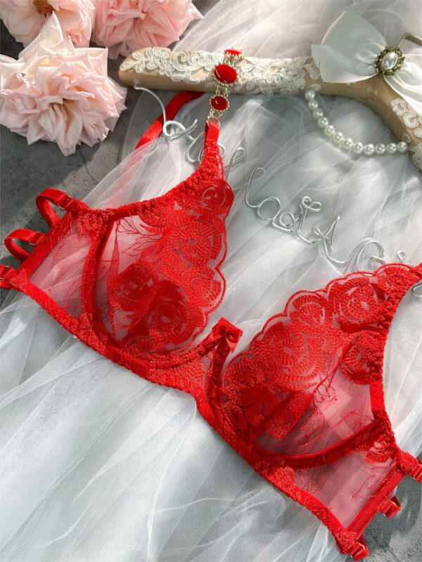 Red Embroidered Sexy Push Up Lingerie Set - Image 6