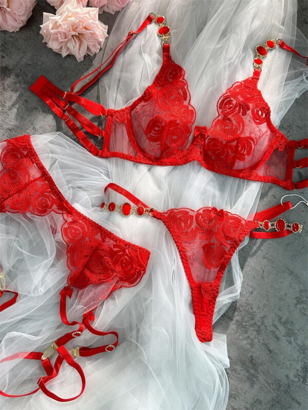 Red Embroidered Sexy Push Up Lingerie Set - Image 8