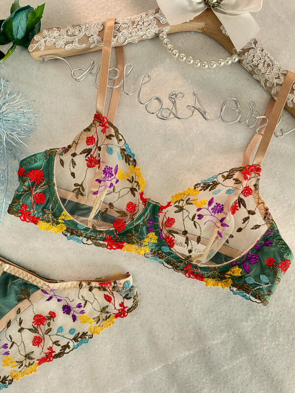 Green Floral Embroidery Lingerie Set - Image 3