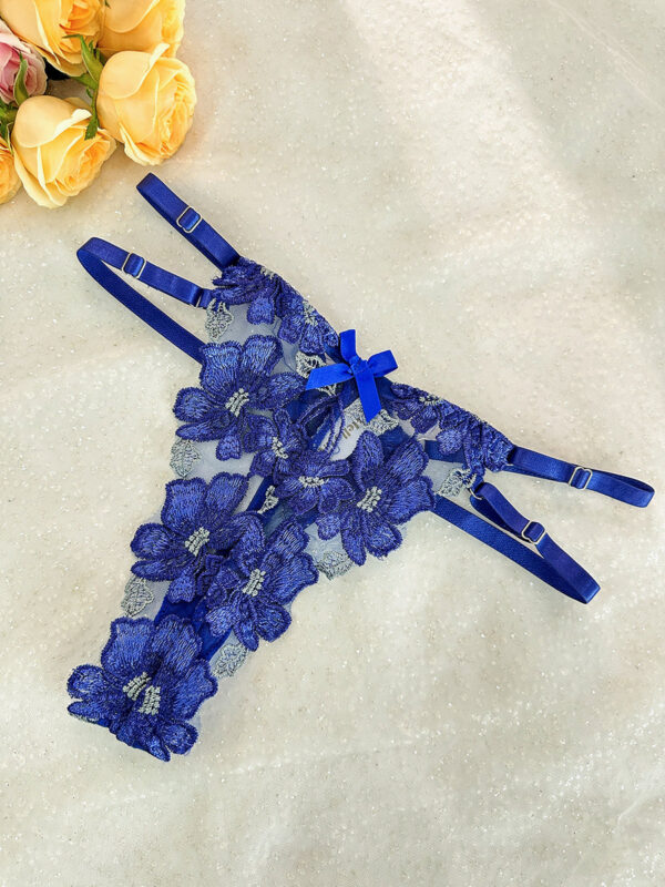 Blue Floral Embroidered Mesh Sheer Thong - Image 2