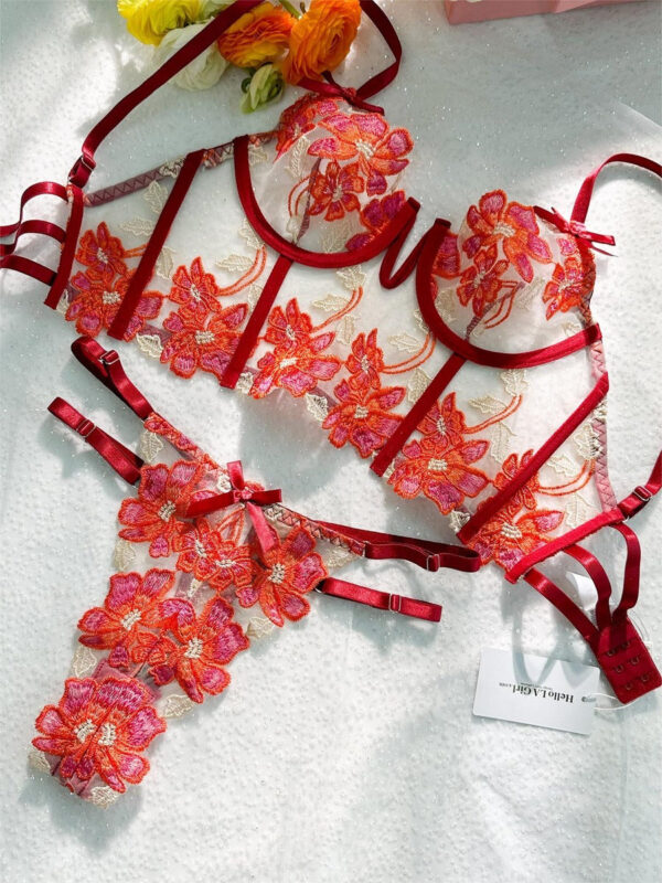 Red Floral Embroidery Bustier Straps Lingerie Set - Image 5
