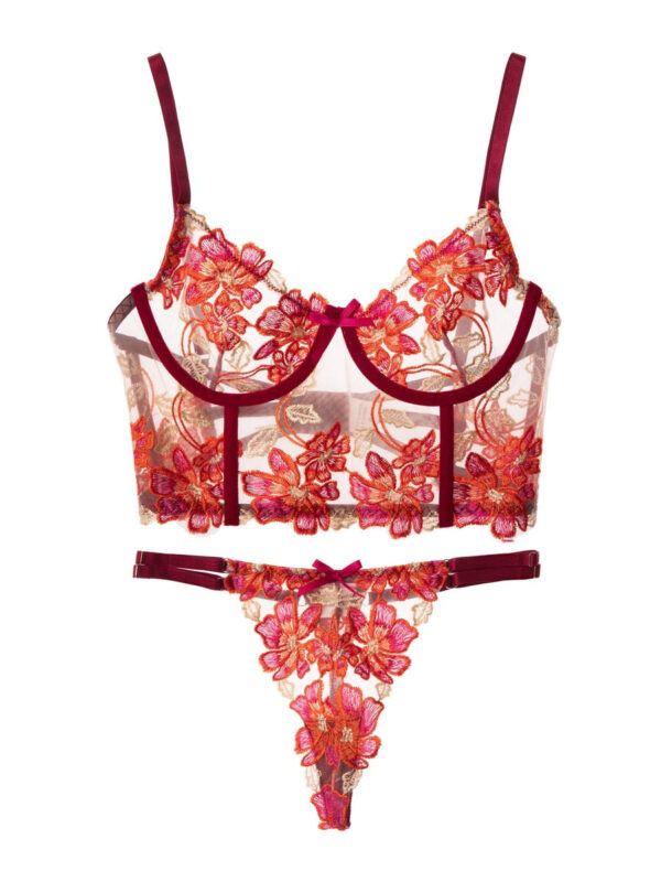 Red Floral Embroidery Bustier Straps Lingerie Set - Image 2