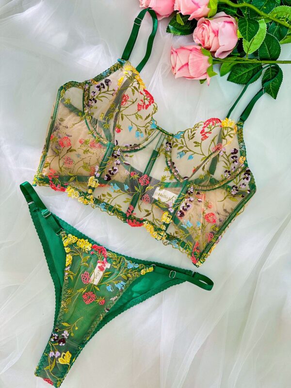 Green Floral Sexy Sheer Embroidered Lingerie Set - Image 9