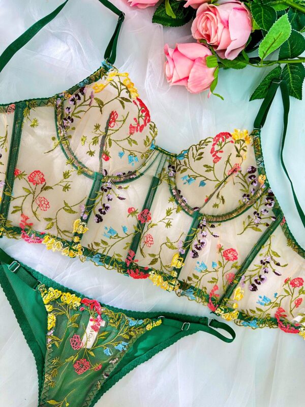 Green Floral Sexy Sheer Embroidered Lingerie Set - Image 10