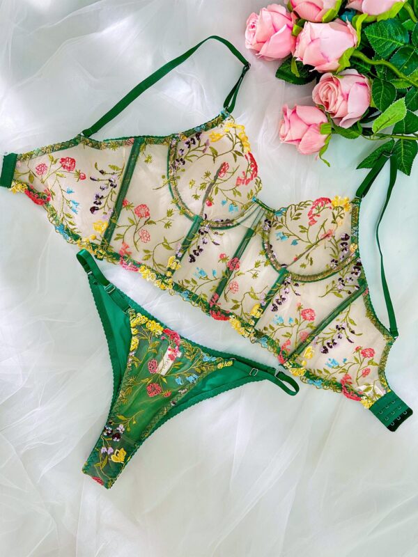 Green Floral Sexy Sheer Embroidered Lingerie Set - Image 8