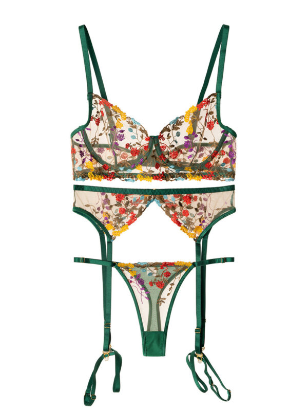 Green Floral Embroidery Lace Cup Lingerie Set