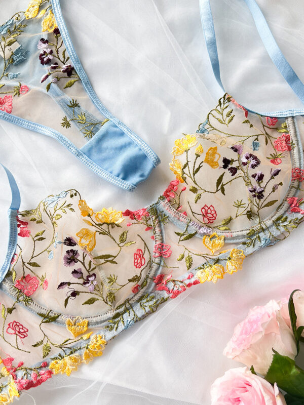Light Blue Floral Embroidery Lace Cup Lingerie Set - Image 4